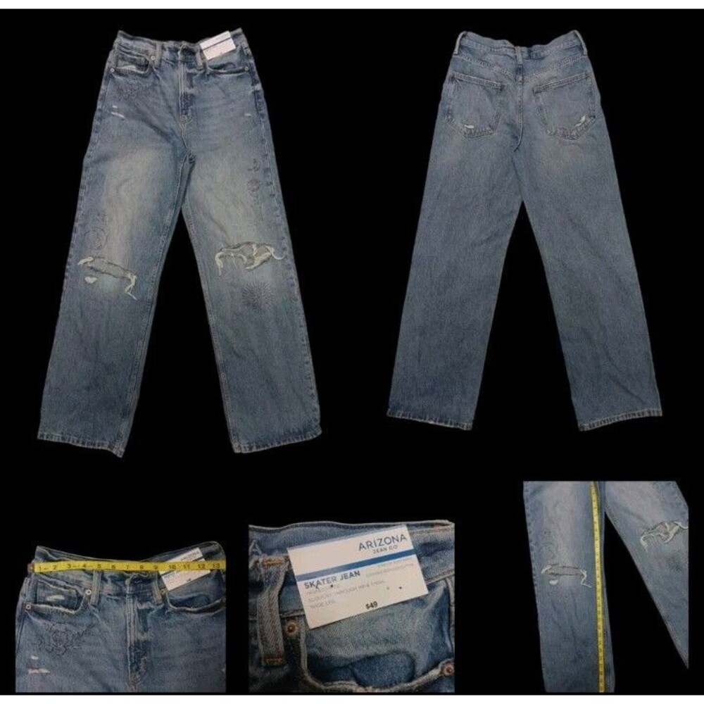 Arizona Jeans Celestial Skater Size 5 Mid Distressed Sun Embellished Wide Leg